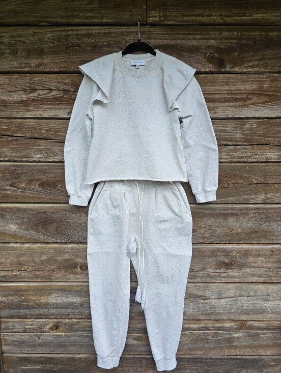 Something Navy Pants - Something Navy Beige Ruffle Shoulder Sweatshirt Jogger Set Size M Lounge Set
